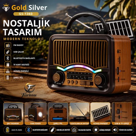 GS-1360 Nostaljik Tasarım Bluetooth Hoparlörlü Güneş Enerjili Şarjlı FM/AM/SW Radyo