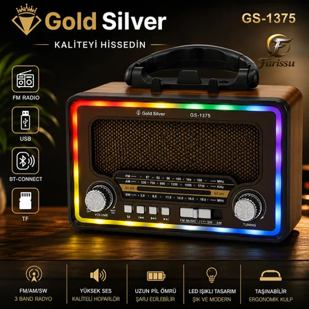 Gold Silver GS-1375 Nostaljik Radyo - Bluetoothlu, Güneş Panelli, Şarjlı Fenerli Taşınabilir Hoparlör