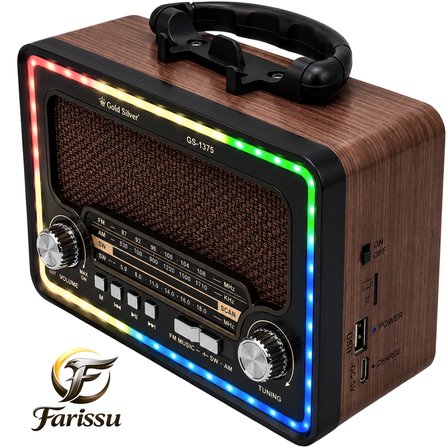 Gold Silver GS-1375 Nostaljik Radyo - Bluetoothlu, Güneş Panelli, Şarjlı Fenerli Taşınabilir Hoparlör