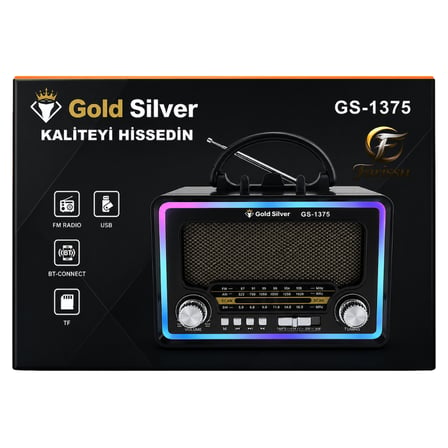 Gold Silver GS-1375 Nostaljik Radyo - Bluetoothlu, Güneş Panelli, Şarjlı Fenerli Taşınabilir Hoparlör