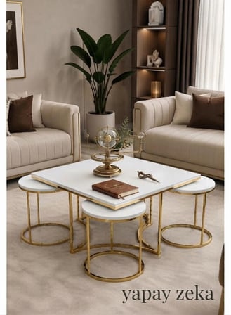 Star 4+1 Gold Beyaz MDF Salon Orta Sehpa ve Yuvarlak Zigon Sehpa Takımı