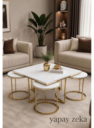 Star 4+1 Gold Beyaz MDF Salon Orta Sehpa ve Yuvarlak Zigon Sehpa Takımı