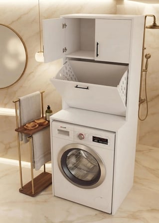 Merlin Kirli Çamaşır Sepetli Çamaşır Makinesi Dolabı Beyaz