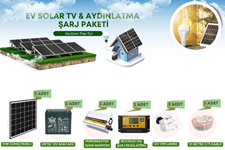 Güneş Enerjisi Aydınlatma - Tv Paketi 500w Inverter 50w Güneş Paneli 24ah Jel Akü