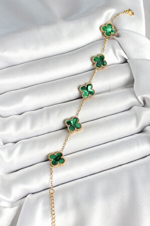 316L Çelik Sedefli Zümrüt Yeşil Gold Renk Yonca Kadın Bileklik