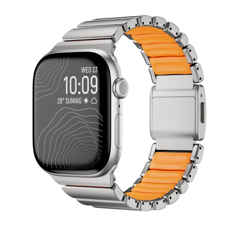 Apple Watch 10 46mm Uyumlu Kordon Premium Metal Kasa Silikon İç Kısım Tasarım Gümüş-Turuncu
