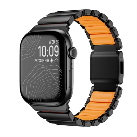 Apple Watch 10 46mm Uyumlu Kordon Premium Metal Kasa Silikon İç Kısım Tasarım Siyah-Turuncu
