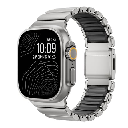 Apple Watch Ultra 49mm Uyumlu Kordon Premium Metal Kasa Silikon İç Kısım Tasarım Gümüş-Siyah