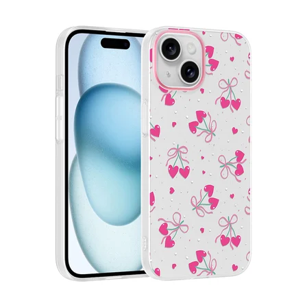 iPhone 13 Kılıf Kamera Korumalı Canlı Lüx Desenli Klip Sert Kapak Kalpli Kiraz