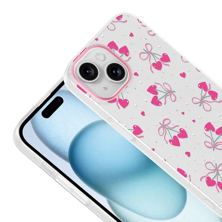 iPhone 13 Kılıf Kamera Korumalı Canlı Lüx Desenli Klip Sert Kapak Kalpli Kiraz