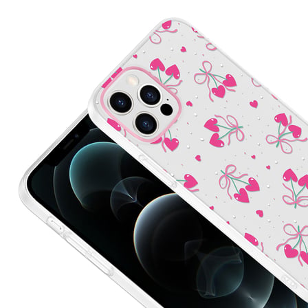 iPhone 12 Kılıf Kamera Korumalı Canlı Lüx Desenli Klip Sert Kapak Kalpli Kiraz
