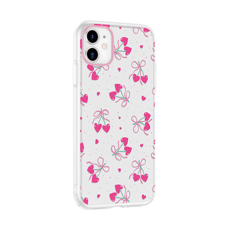 iPhone 11 Kılıf Kamera Korumalı Canlı Lüx Desenli Klip Sert Kapak Kalpli Kiraz