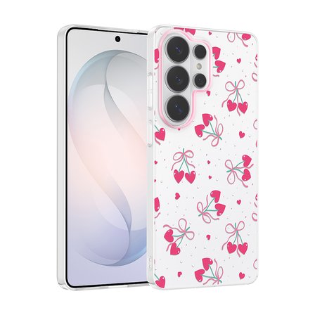 Galaxy S26 Ultra Kılıf Kamera Korumalı Canlı Lüx Desenli Klip Sert Kapak Kalpli Kiraz