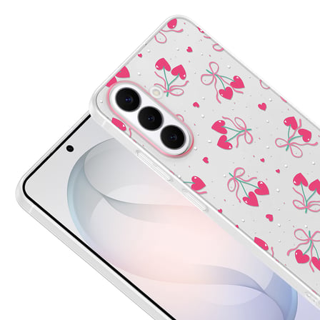 Galaxy S26 Kılıf Kamera Korumalı Canlı Lüx Desenli Klip Sert Kapak Kalpli Kiraz