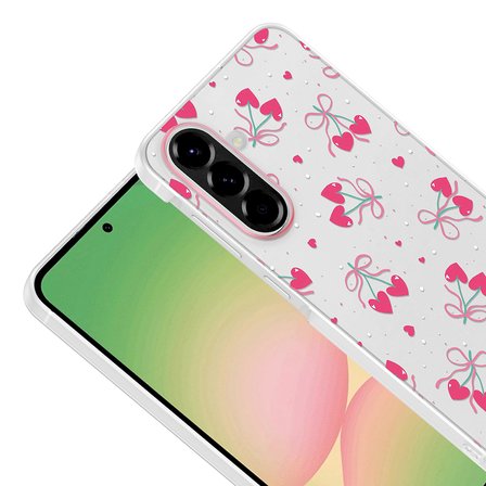 Galaxy A56 Kılıf Kamera Korumalı Canlı Lüx Desenli Klip Sert Kapak Kalpli Kiraz