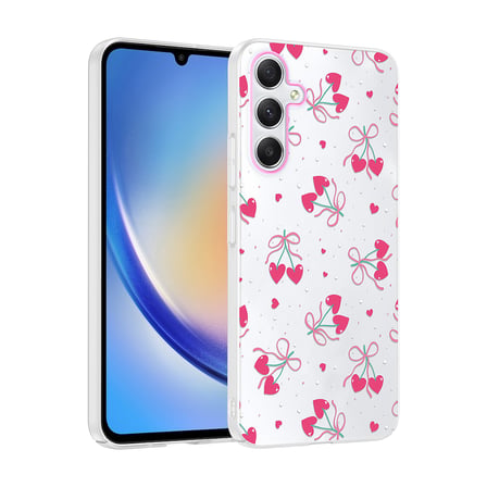 Galaxy A35 Kılıf Kamera Korumalı Canlı Lüx Desenli Klip Sert Kapak Kalpli Kiraz