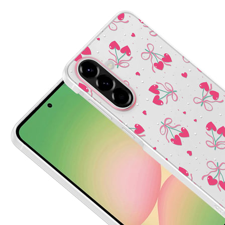 Galaxy A57 Kılıf Kamera Korumalı Canlı Lüx Desenli Klip Sert Kapak Kalpli Kiraz