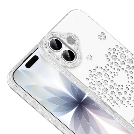 iPhone 17 Kılıf Damla Taşlı Kalp Desenli Rivas Sert PC Kapak