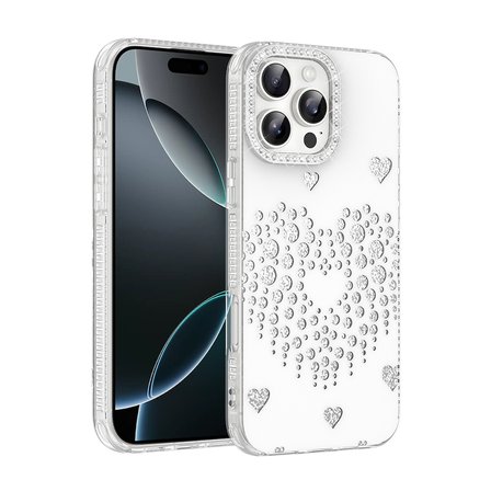 iPhone 16 Pro Max Kılıf Damla Taşlı Kalp Desenli Rivas Sert PC Kapak
