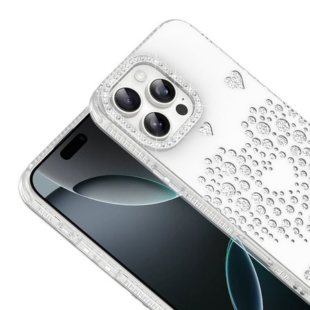 iPhone 16 Pro Max Kılıf Damla Taşlı Kalp Desenli Rivas Sert PC Kapak