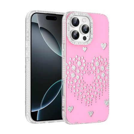 iPhone 16 Pro Kılıf Damla Taşlı Kalp Desenli Rivas Sert PC Kapak