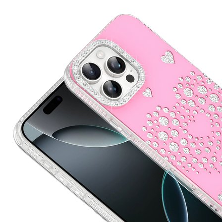 iPhone 16 Pro Kılıf Damla Taşlı Kalp Desenli Rivas Sert PC Kapak
