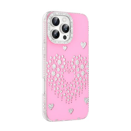 iPhone 16 Pro Kılıf Damla Taşlı Kalp Desenli Rivas Sert PC Kapak