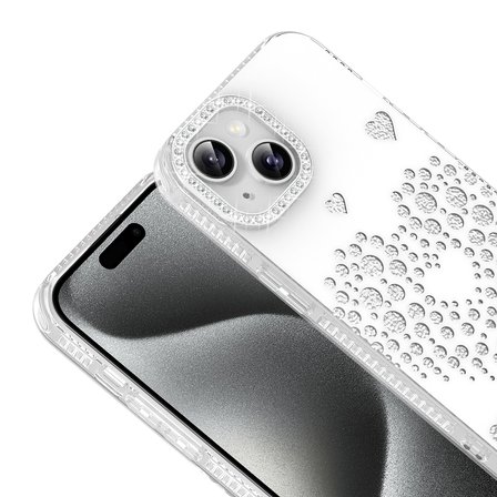 iPhone 15 Kılıf Damla Taşlı Kalp Desenli Rivas Sert PC Kapak