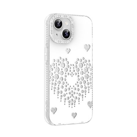 iPhone 15 Kılıf Damla Taşlı Kalp Desenli Rivas Sert PC Kapak