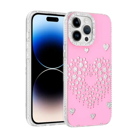 iPhone 14 Pro Max Kılıf Damla Taşlı Kalp Desenli Rivas Sert PC Kapak