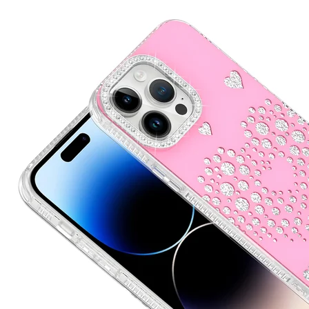 iPhone 14 Pro Max Kılıf Damla Taşlı Kalp Desenli Rivas Sert PC Kapak