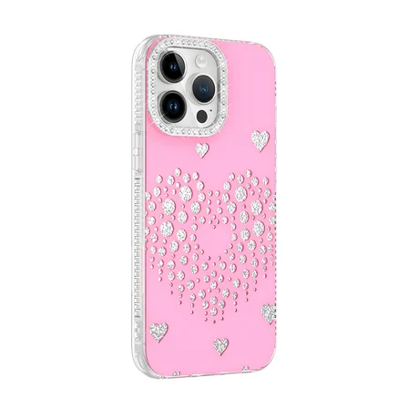iPhone 14 Pro Max Kılıf Damla Taşlı Kalp Desenli Rivas Sert PC Kapak