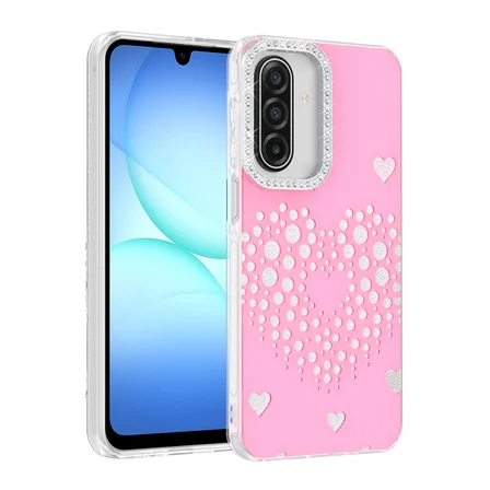 Galaxy A27 Kılıf Damla Taşlı Kalp Desenli Rivas Sert PC Kapak