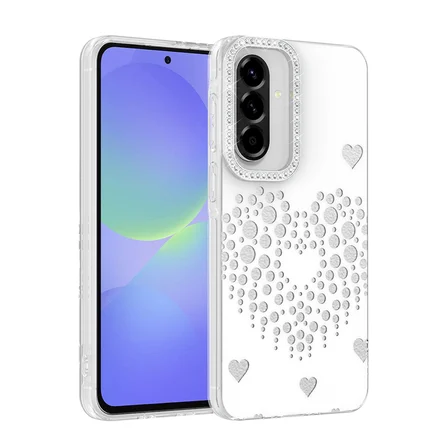 Galaxy A36 Kılıf Damla Taşlı Kalp Desenli Rivas Sert PC Kapak