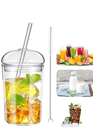 Kubbe Kapaklı Pipetli Tumbler Isıya Dayanıklı Borosilikat Cam Bardak Kahve Meyve Suyu