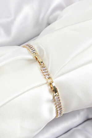 Pirinç Zirkon Taşlı Su Yolu Model Gold Renk Kadın Bileklik