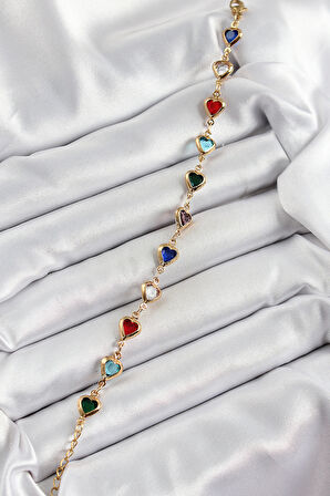 Pirinç Gold Renk Karışık Renk Kalp Zirkon Taşlı Kadın Bileklik