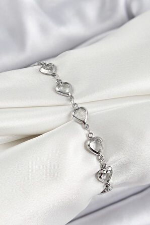 Pirinç Gümüş Renk Kalp Zirkon Taşlı Kadın Bileklik