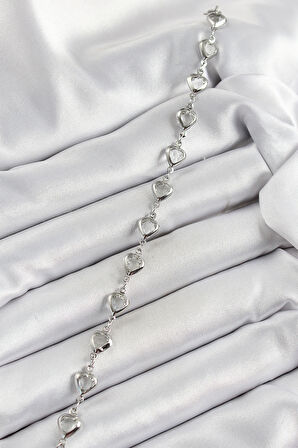 Pirinç Gümüş Renk Kalp Zirkon Taşlı Kadın Bileklik