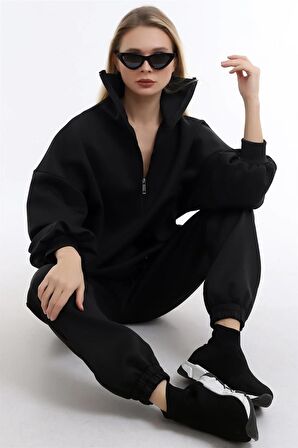 Fermuarlı Dik Yakalı Beli Büzgülü Uzun Kollu Rahat Sweatshirt