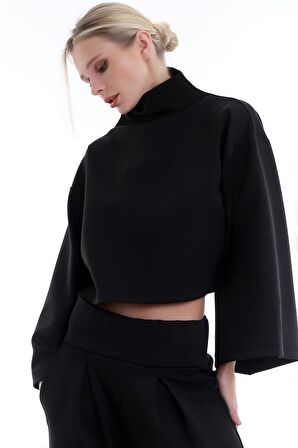 Kolları Volanlı Geniş Dik Yaka Crop Cool Sweatshirt