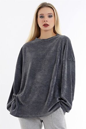 Yuvarlak Yaka Uzun Kollu Oversize Rahat Ve Şık Kadife Sweat