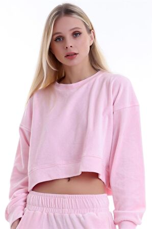 Yuvarlak Yaka Uzun Kollu Oversize Kesim Kadife Tarz Sweatshirt