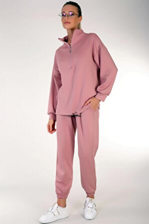 Yakası Uzun Fermuarlı Uzun Kollu Paça Ve Kol Detaylı Rahat ve Sportif Jogging Eşofman Takım