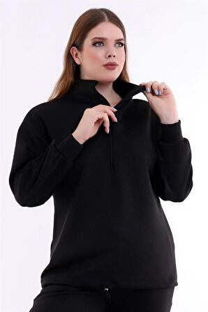 Fermuarlı Dik Yakalı Beli Büzgülü Uzun Kollu Rahat Sweatshirt