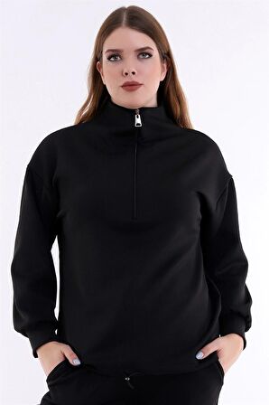 Fermuarlı Dik Yakalı Beli Büzgülü Uzun Kollu Rahat Sweatshirt