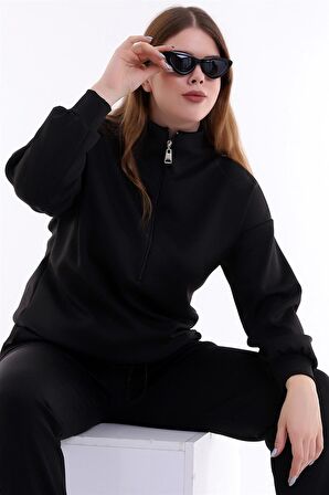 Fermuarlı Dik Yakalı Beli Büzgülü Uzun Kollu Rahat Sweatshirt