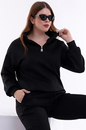 Fermuarlı Dik Yakalı Beli Büzgülü Uzun Kollu Rahat Sweatshirt