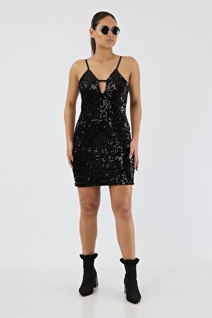 Double Face Çift Renk Pul Payet Dekolteli V Yaka Ayarlı Askılı Fermuarlı Astarlı Esnek Mini Elbise