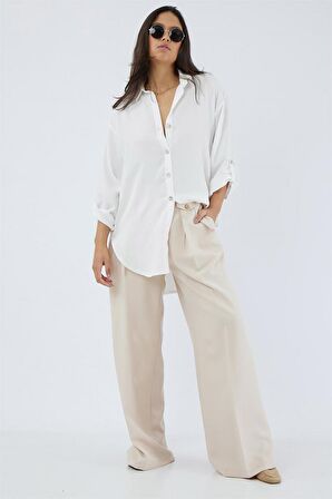 Katlamalı Uzun Kol Sedef Düğmeli Arkası Uzun Rahat ve Bol Kalıp Şık Cool Elegant Keten Tunik Gömlek